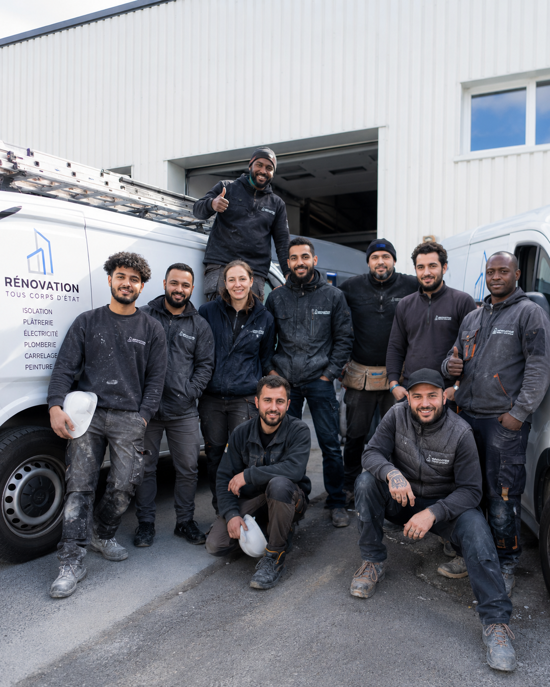 Équipe d'une entreprise de rénovation tous corps d'état devant leurs camionnettes